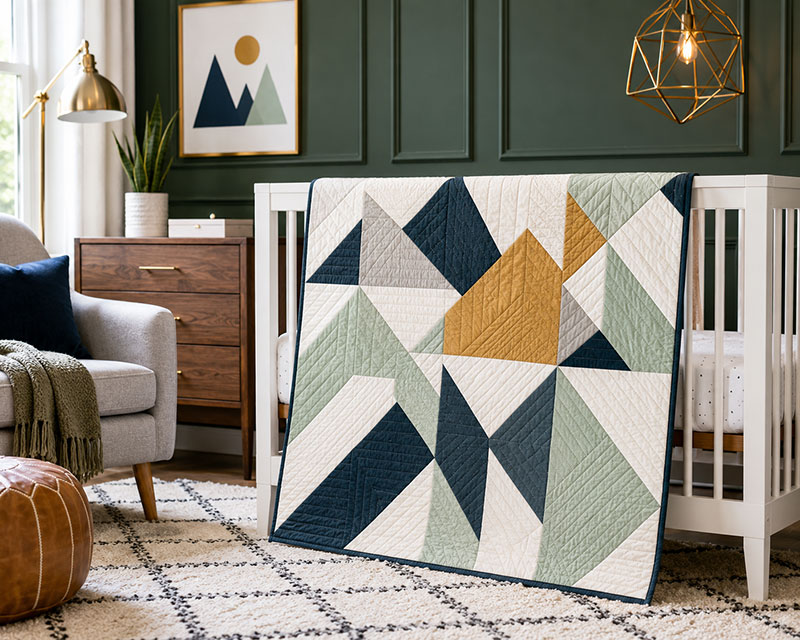 modern geometric baby quilt displayed in a professionally decorated nursery