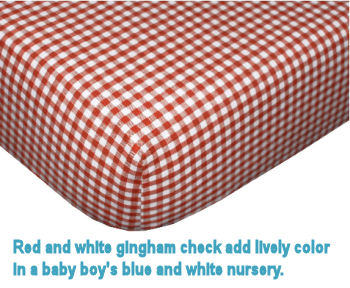 Red and white gingham check baby crib bedding for a baby nursery room