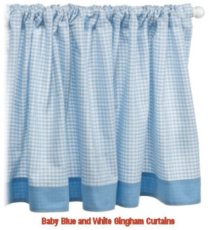 Baby blue and white gingham checks nursery window valance for a baby boy room