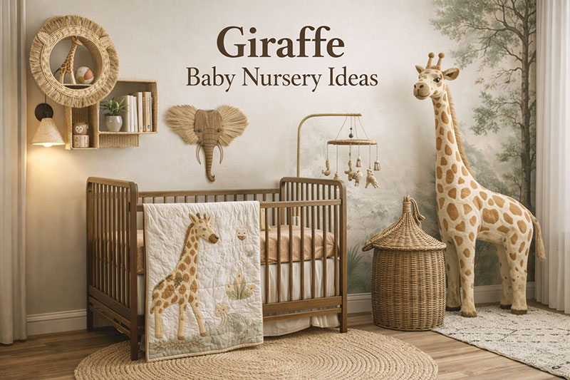Neutral giraffe baby nursery theme with wooden crib, safari wall art, and giraffe quilt