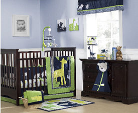 Unisex gender neutral safari jungle baby giraffe bedding crib set in a nursery with lavender wall paint color