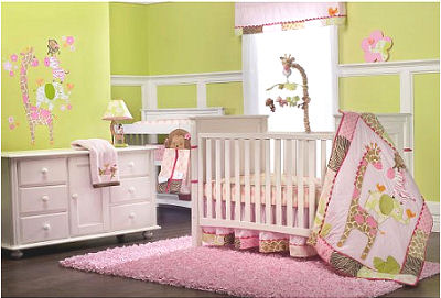 Pink giraffe baby bedding set Carter's Jungle Jill with zebra and polka dots print in a lime green girl nursery room