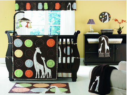 Gender neutral mama and baby giraffe nursery theme room decorated in earth tone colors of chocolate brown orange and ivory for a boy or girl