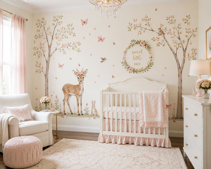 Baby girl nursery with deer wall decals, tree decals, blush leaves, butterflies, woodland animals, and a white crib