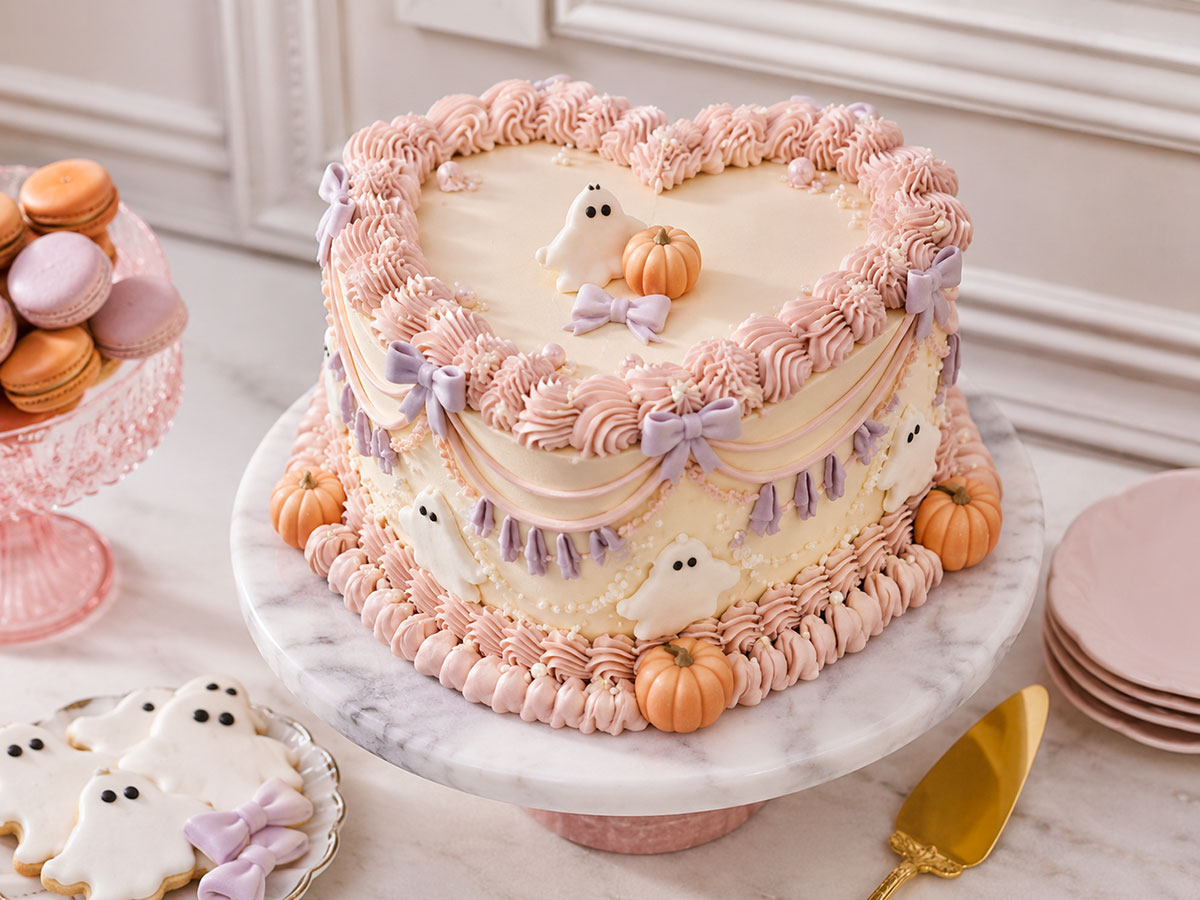 Girl Halloween baby shower cake with dusty pink piping, ivory ghosts, pale lavender bows and small pumpkins