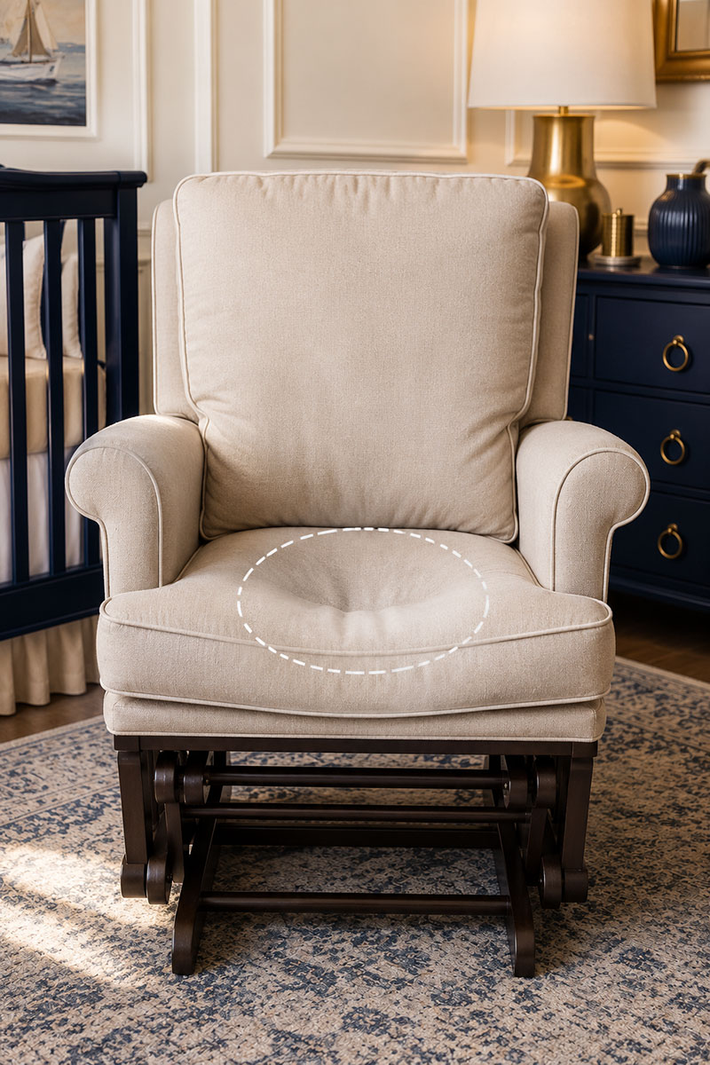 Flattened nursery glider cushion showing compressed seat support