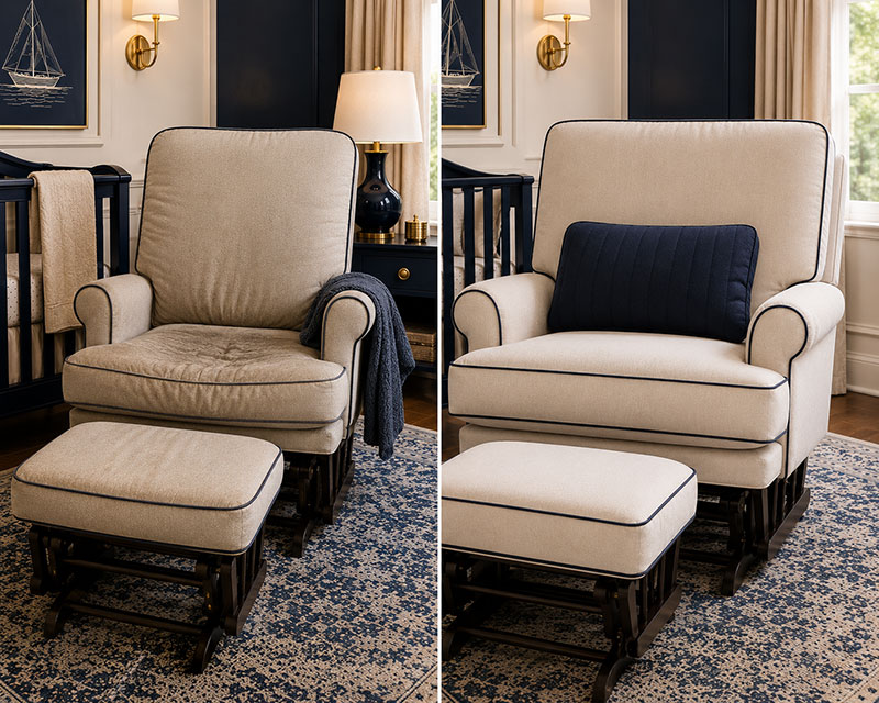 Old nursery glider cushions compared beside upgraded replacement cushions