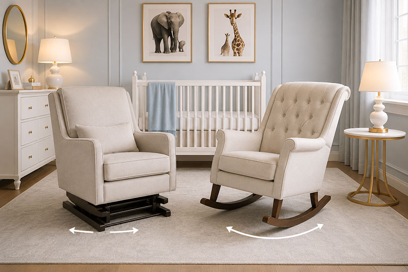 Editorial nursery showing glider and rocking chair seating styles