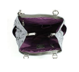 Purple inside view of the large, authentic Coach Gabby Signature Tote Baby Diaper Bag 14863 in Grey (gray) Silver and purple