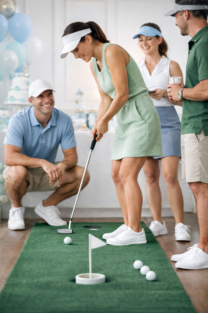 Golf themed baby shower game setup with putting green decor and game supplies