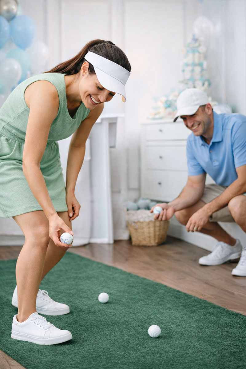 Golf baby shower game with personalized golf balls hidden around a decorated space