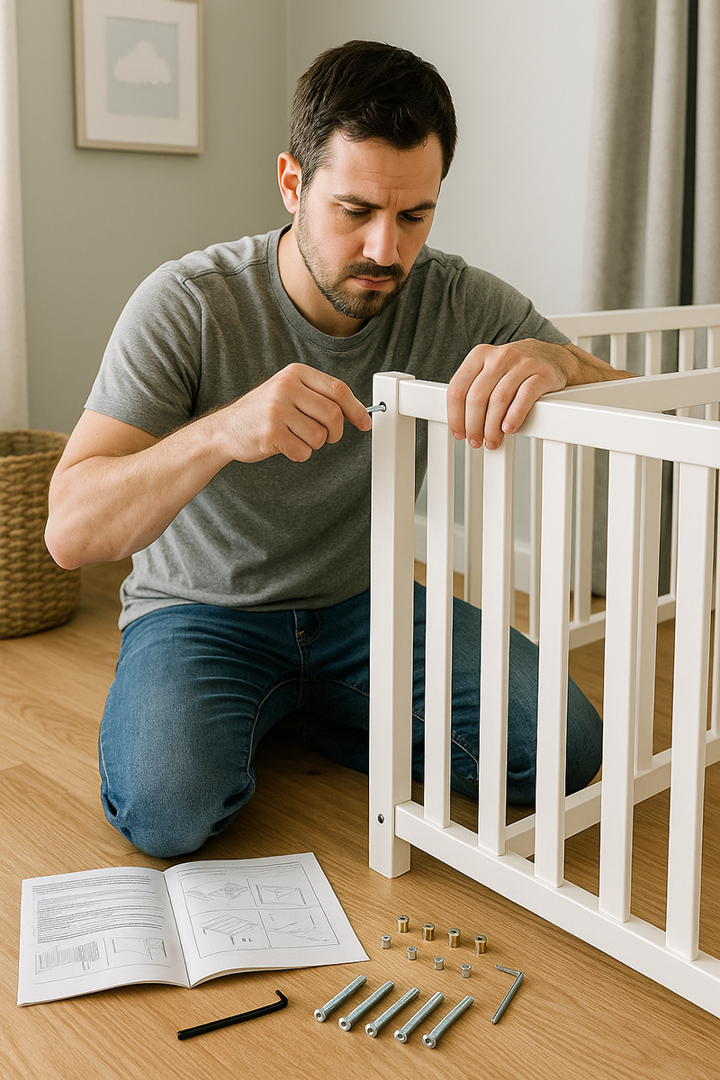 Parent assembling a Graco baby crib with hardware pieces neatly organized