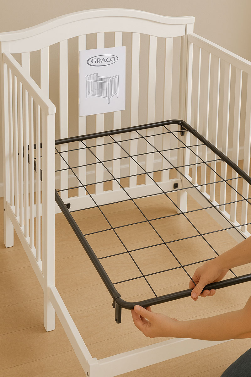 Graco crib mattress support frame shown inside crib for visual reference