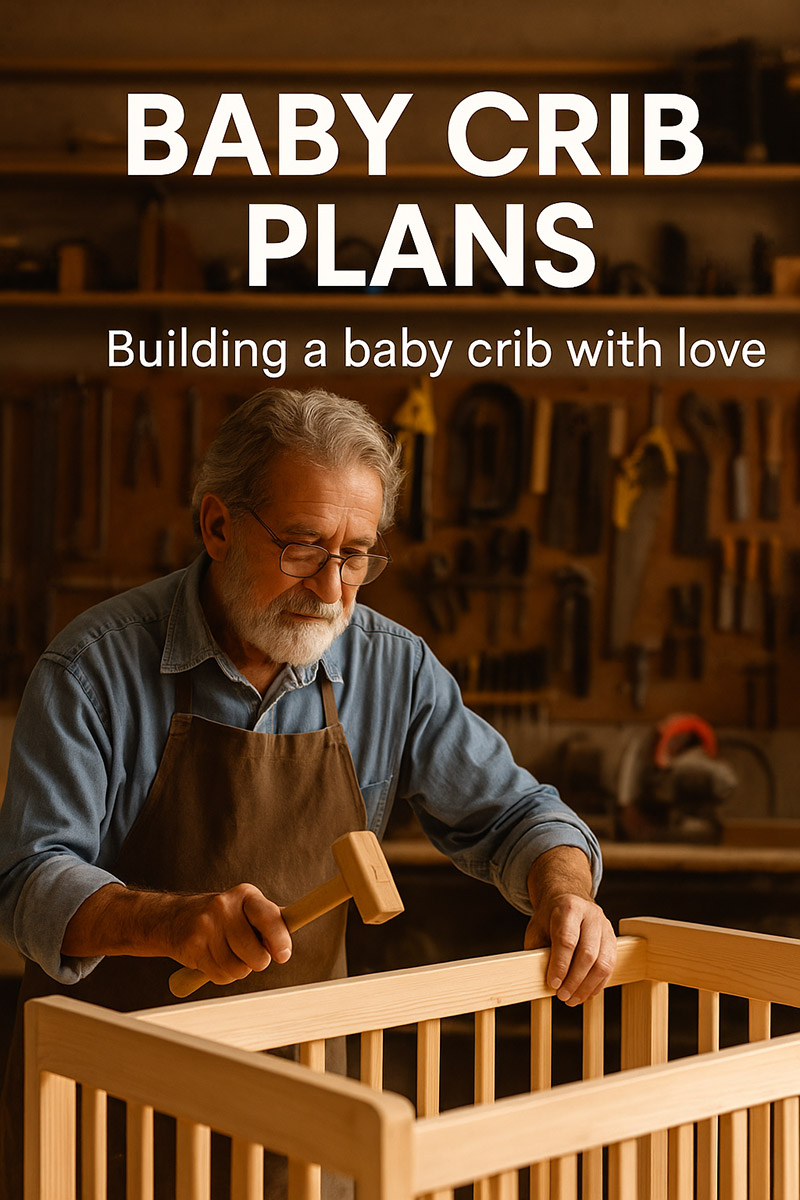 Grandfather building a wooden baby crib in a cozy woodworking shop surrounded by tools and natural light