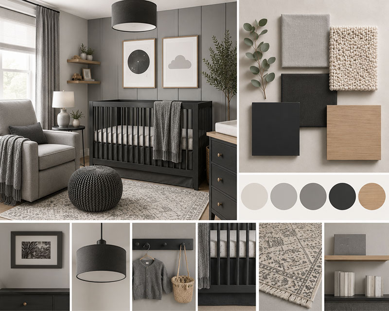 Gray and charcoal baby nursery color scheme with warm white crib, light gray walls, and structured nursery accents