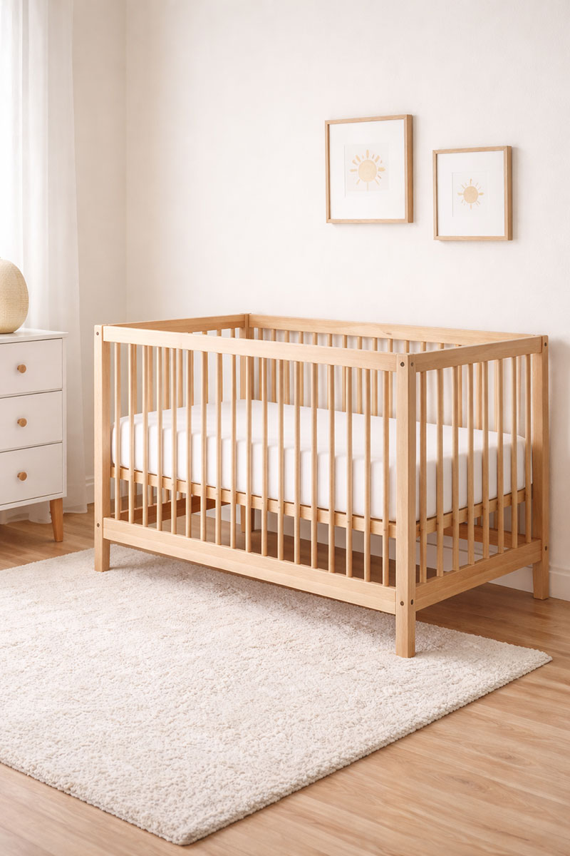 modern low VOC baby crib in a clean nursery room with natural wood finish and minimal decor