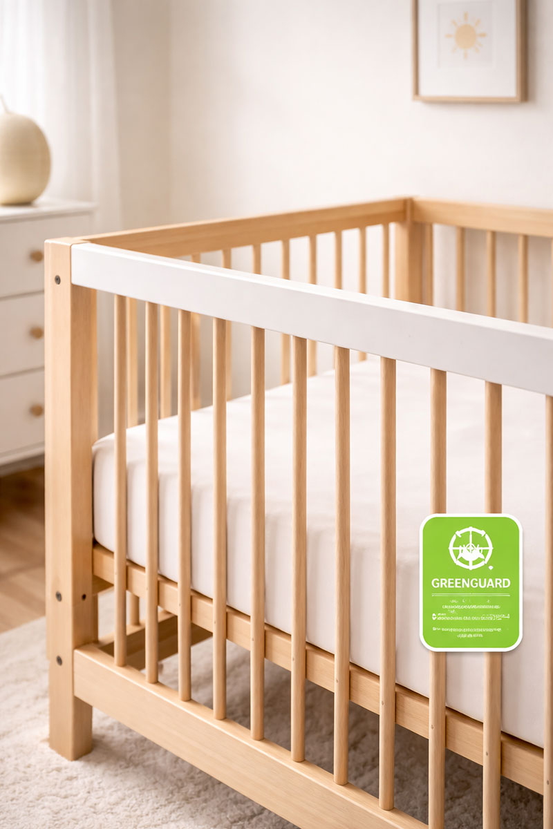 close view of a modern baby crib in a clean neutral nursery with smooth painted finish and no decor clutter