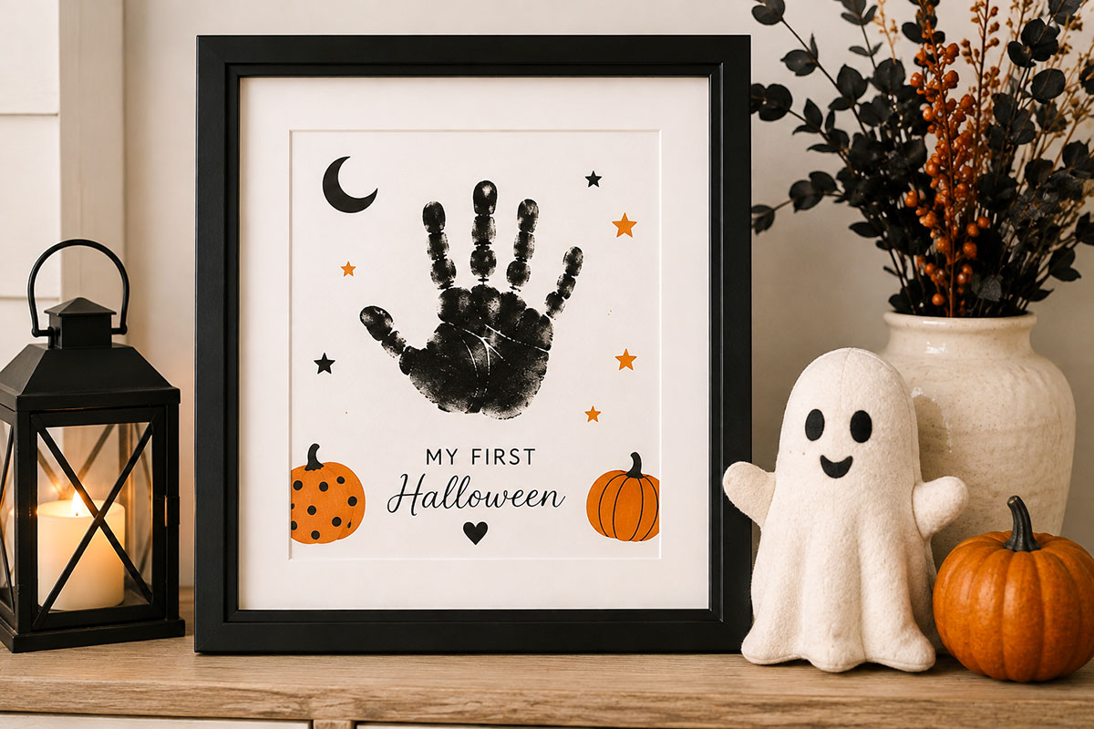 Framed baby Halloween handprint art with a simple dark handprint and understated seasonal accents