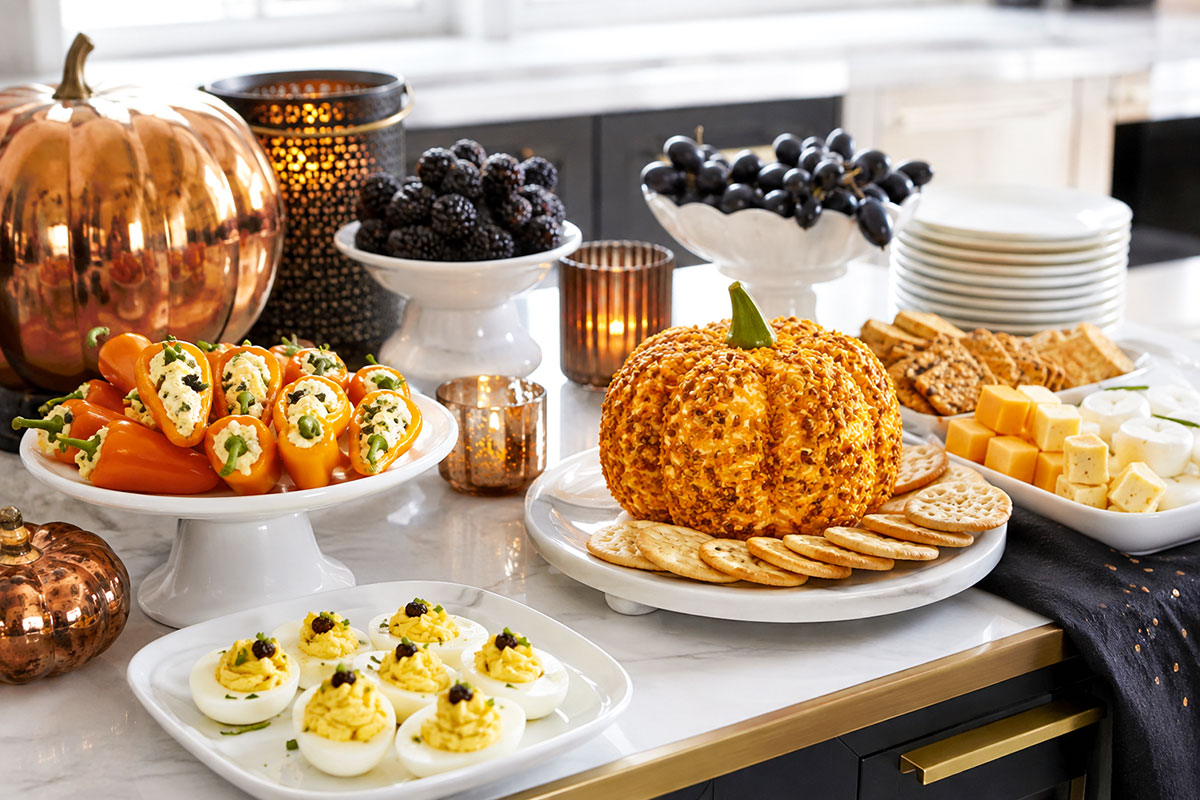 Halloween baby shower appetizers with stuffed mini peppers, deviled eggs, cheese bites and a pumpkin-shaped cheese ball