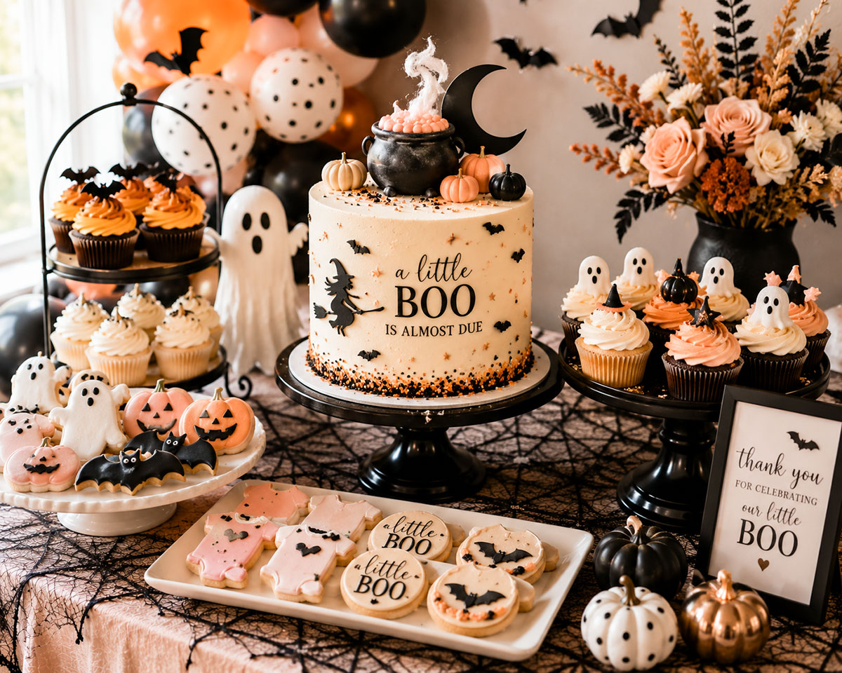 Halloween baby shower cake surrounded by ghost cookies, pumpkin cupcakes and crescent moon treats