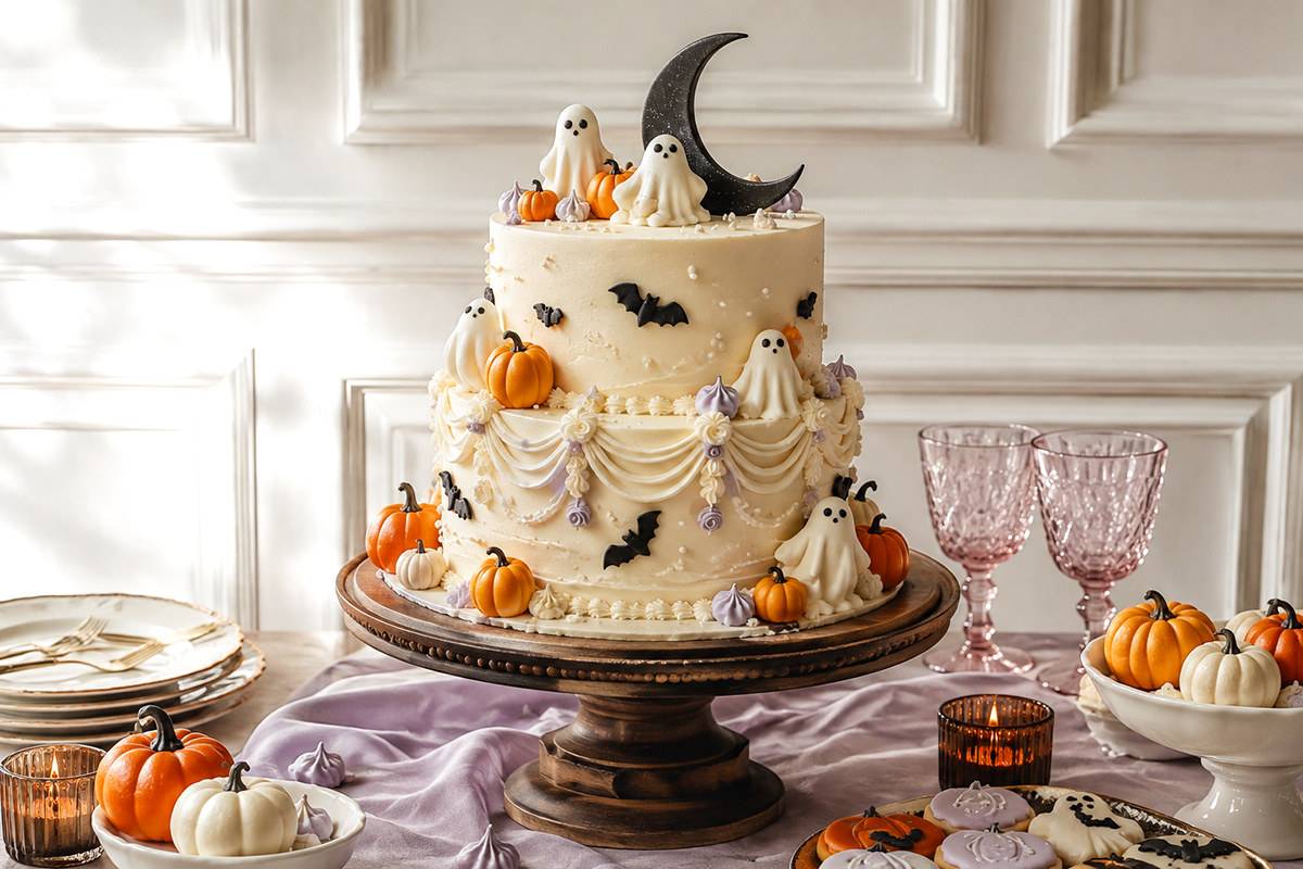 Halloween baby shower cake with friendly ghosts, pumpkins and moon details on an elegant October dessert table