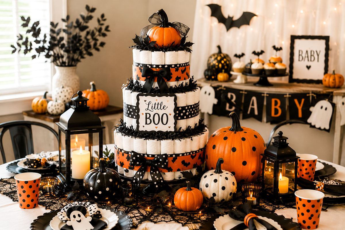 Halloween baby shower centerpiece with pumpkins flameless candle lantern and themed diaper cake on a decorated table