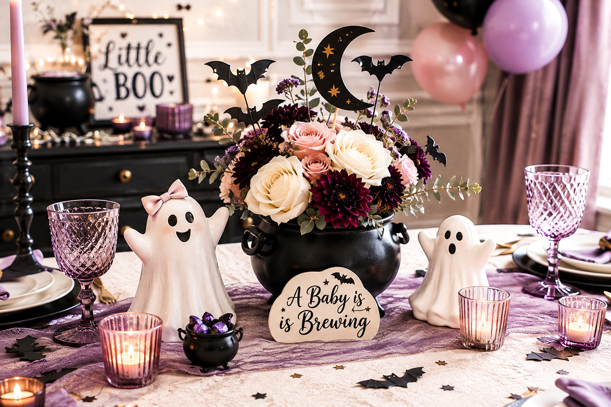 Halloween baby shower centerpiece with black cauldron, ivory and plum flowers, friendly ghosts, crescent moon and black bats