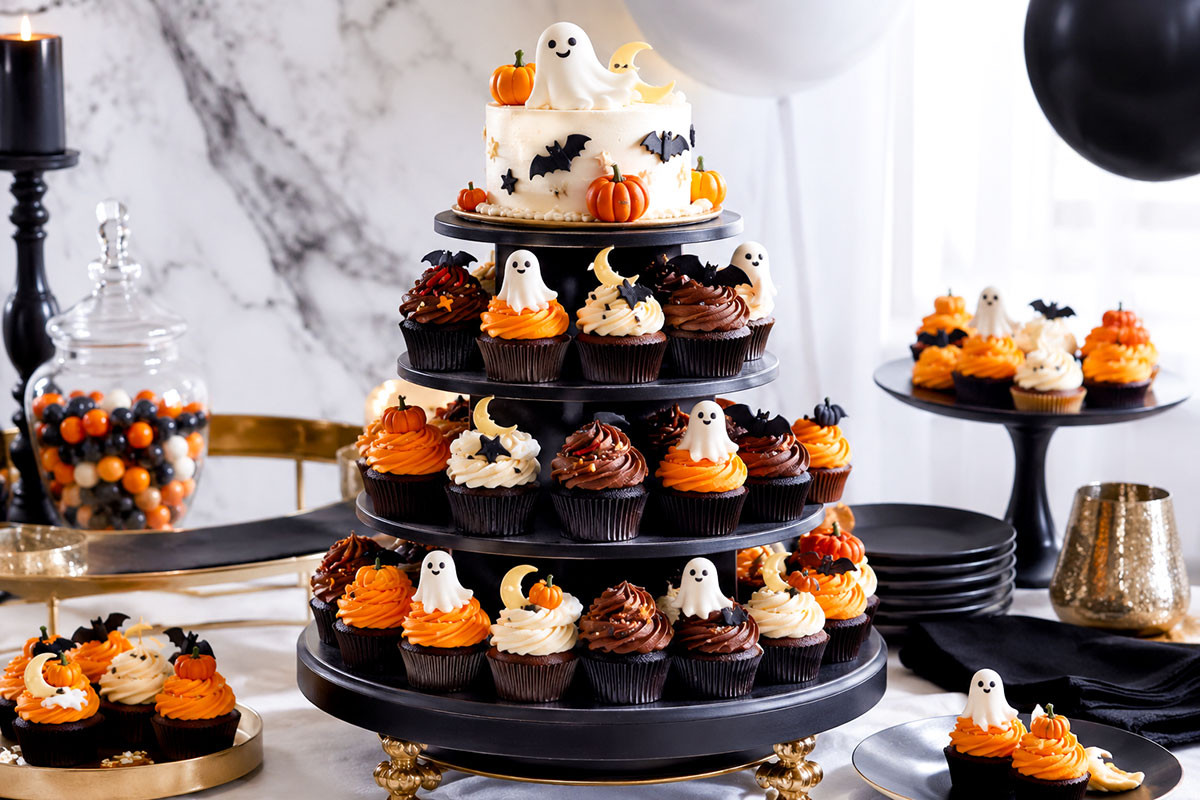 Halloween baby shower cupcake tower with chocolate cupcakes, orange and ivory frosting, tiny ghosts, pumpkins and bats