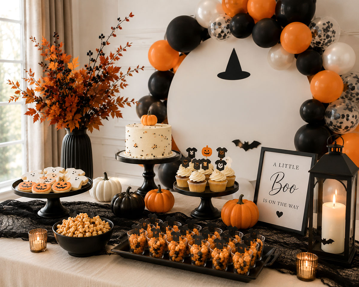 Halloween baby shower decorations with white pumpkins, matte black tableware, plum accents and flameless candles