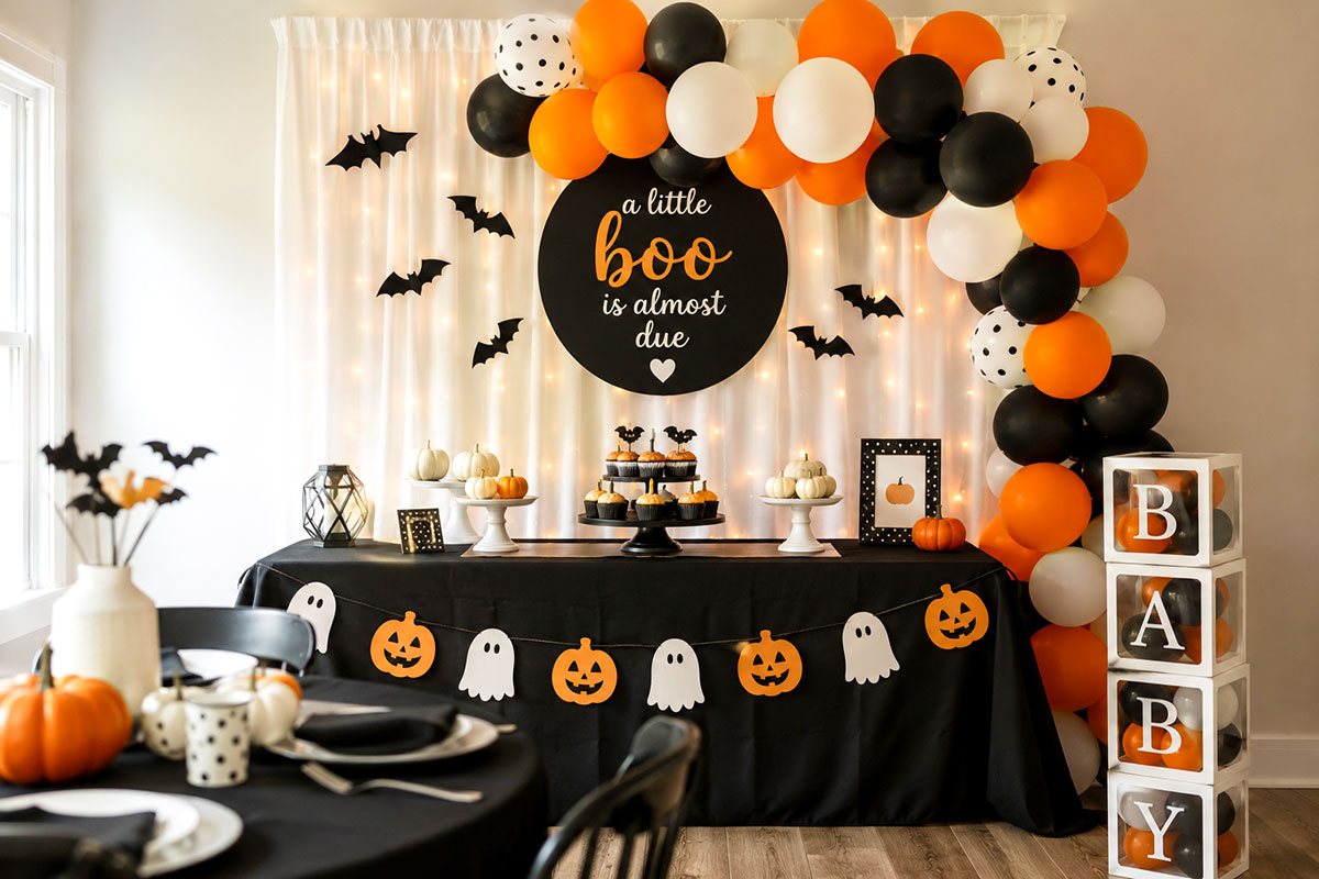 Stylish Halloween baby shower with coordinated black orange and white decorations around a party table and backdrop