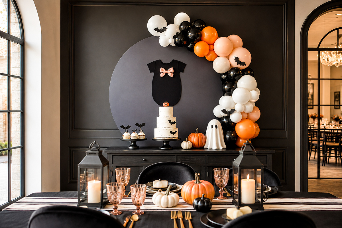 Halloween baby shower decorations with a coordinated backdrop, decorated party tables, pumpkins, bats and friendly ghost accents