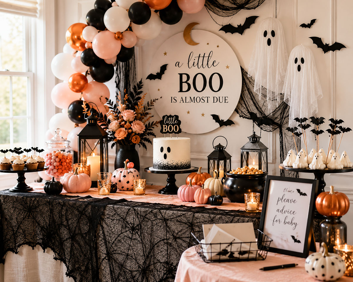 Halloween baby shower decorations with a crescent moon backdrop, paper bats, cream pumpkins and an elegant dessert table