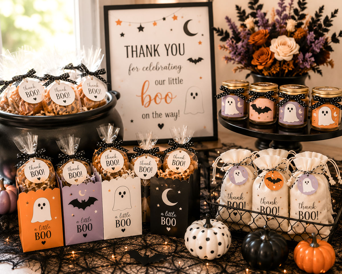 Halloween baby shower favor display with wrapped treats, small jars, drawstring bags, pumpkins and ghost-themed tags