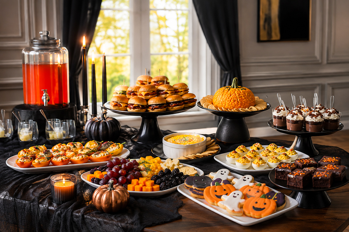 Halloween baby shower food table with savory finger foods, desserts and festive drinks