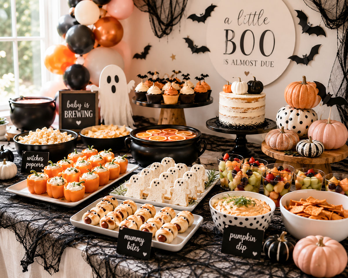 Halloween baby shower food table with pumpkin-shaped cheese ball, mini sandwiches, fruit cups and neatly labeled appetizers