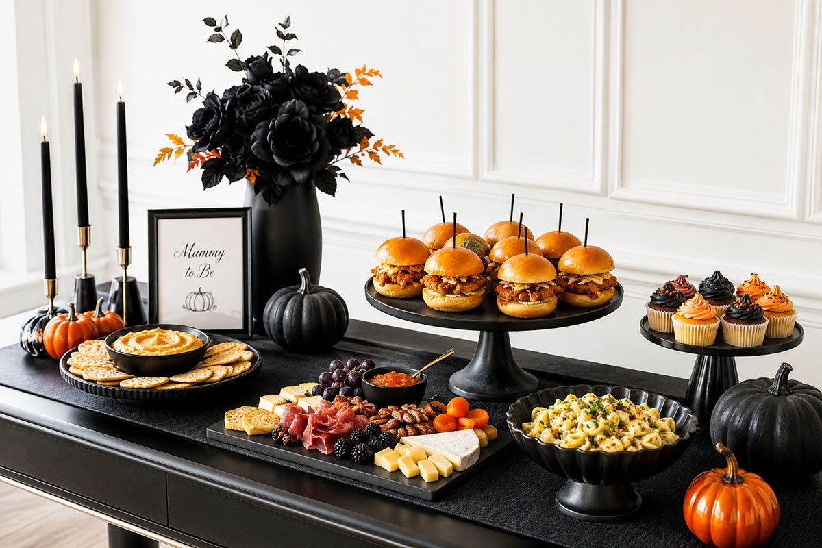 Elegant Halloween baby shower food table styled with black serving pieces, orange accents, pumpkins and neatly arranged party foods
