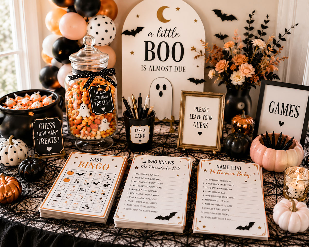 Halloween baby shower games table with printed bingo cards, a candy guessing jar and small craft pumpkins