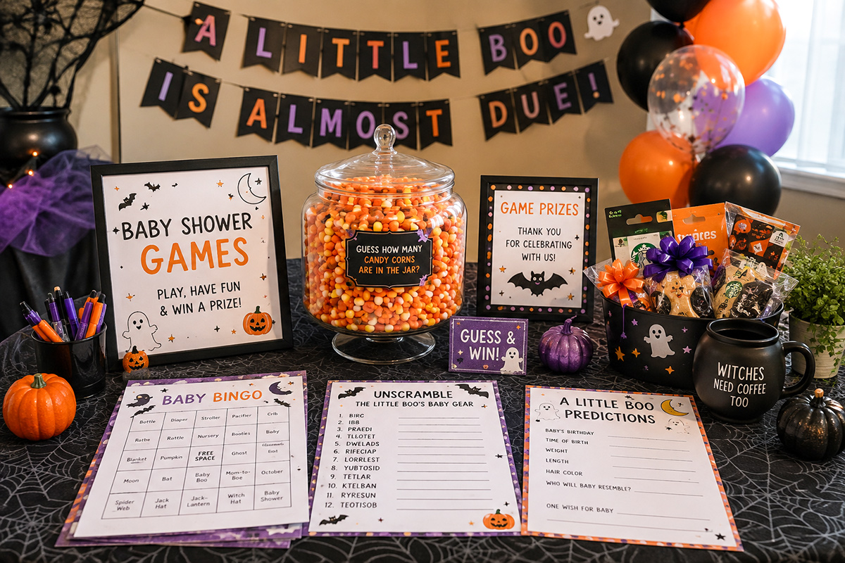Halloween baby shower games table with baby bingo cards, candy guessing jar, small pumpkins and game prizes