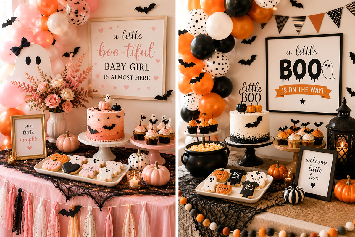 Split Halloween baby shower dessert tables with pink Little Boo decorations for a girl and orange, black and white bat decorations for a boy