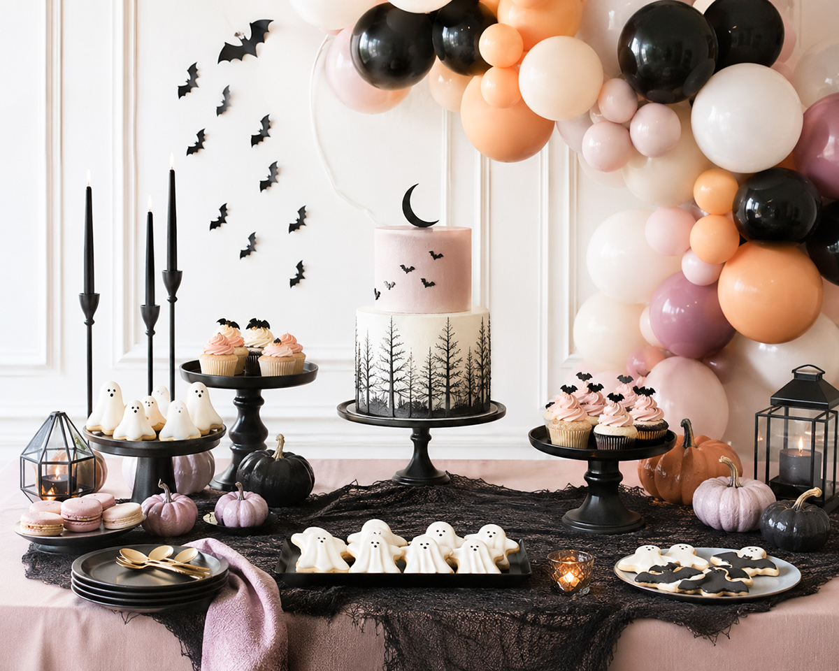 Halloween baby shower ideas with pumpkin decorations, a themed dessert table, cake, cookies and friendly ghost decor