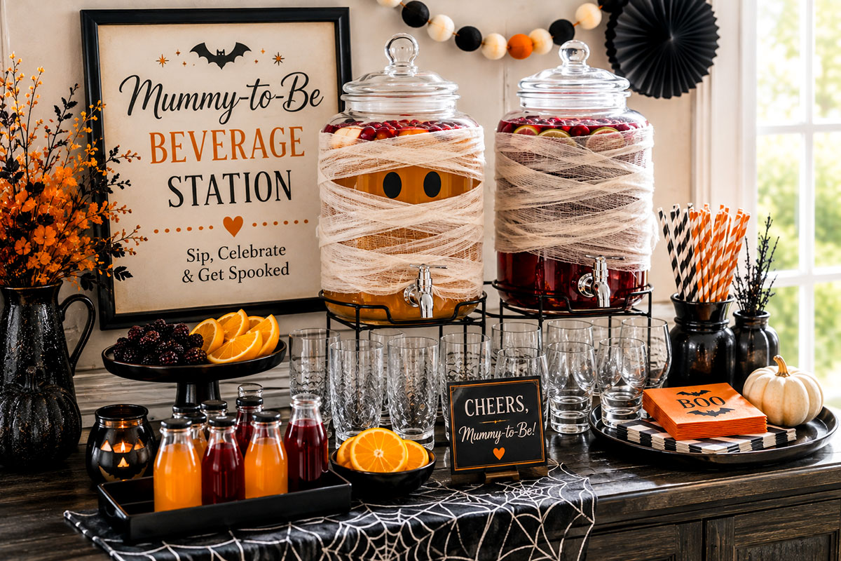 Mummy-to-Be Halloween baby shower beverage station with punch, mocktails, glass drink dispensers and elegant black and orange party details