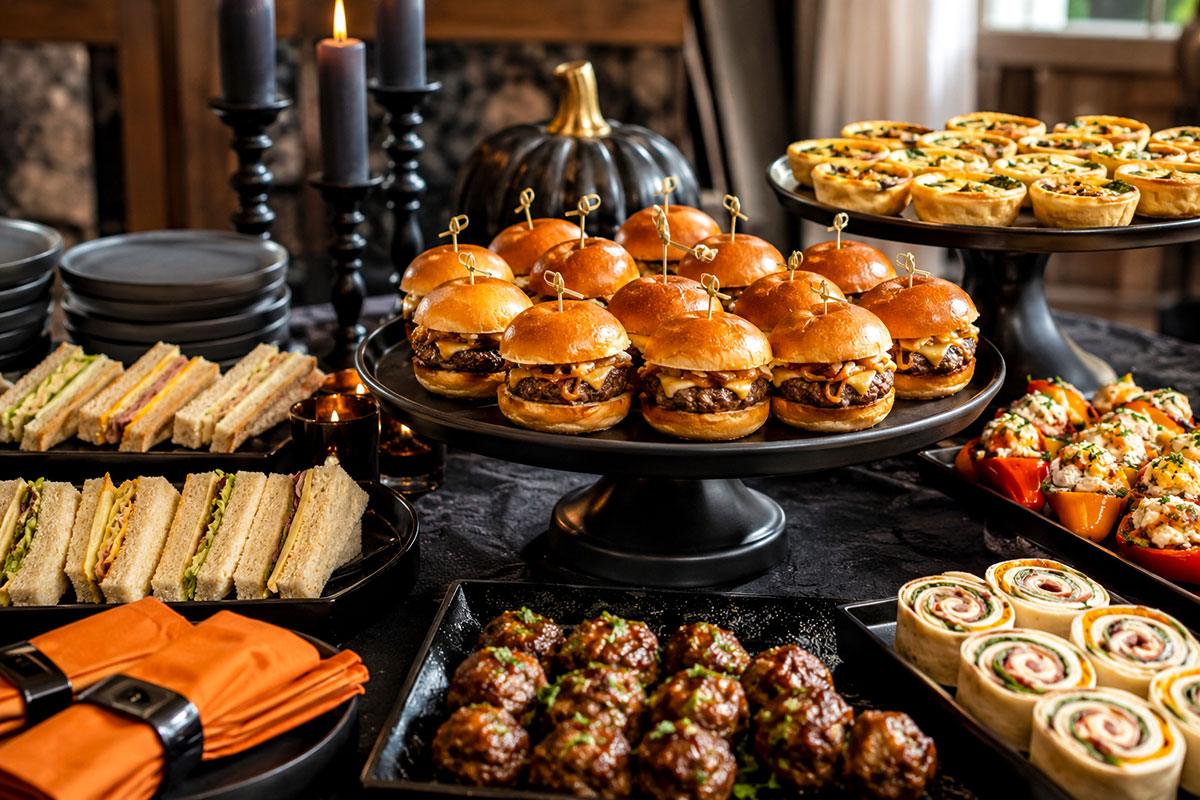 Halloween baby shower savory foods with sliders, small sandwiches and warm party appetizers on an elegant black and orange buffet