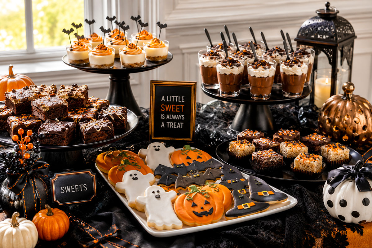 Halloween baby shower sweets with decorated cookies, brownies and individual dessert cups on an elegant seasonal dessert table