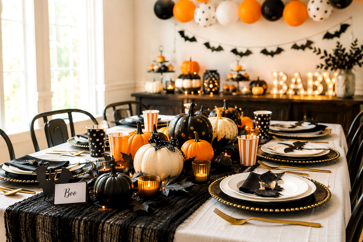 Halloween baby shower table decorations with pumpkins themed place settings and low centerpieces