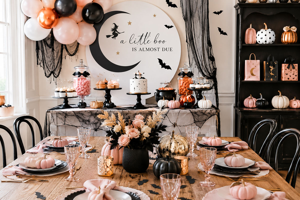 Halloween baby shower theme display with pink pumpkins, friendly ghosts, crescent moons and black bat decorations