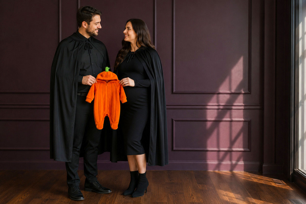 Expectant couple in simple black Halloween costumes holding a tiny orange pumpkin baby outfit between them