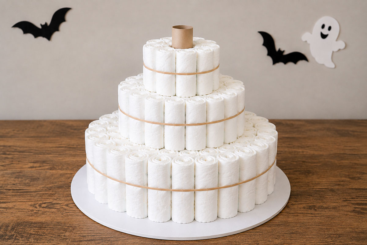 Three-tier Halloween diaper cake assembly with rolled white diapers stacked into undecorated bottom, middle and top tiers
