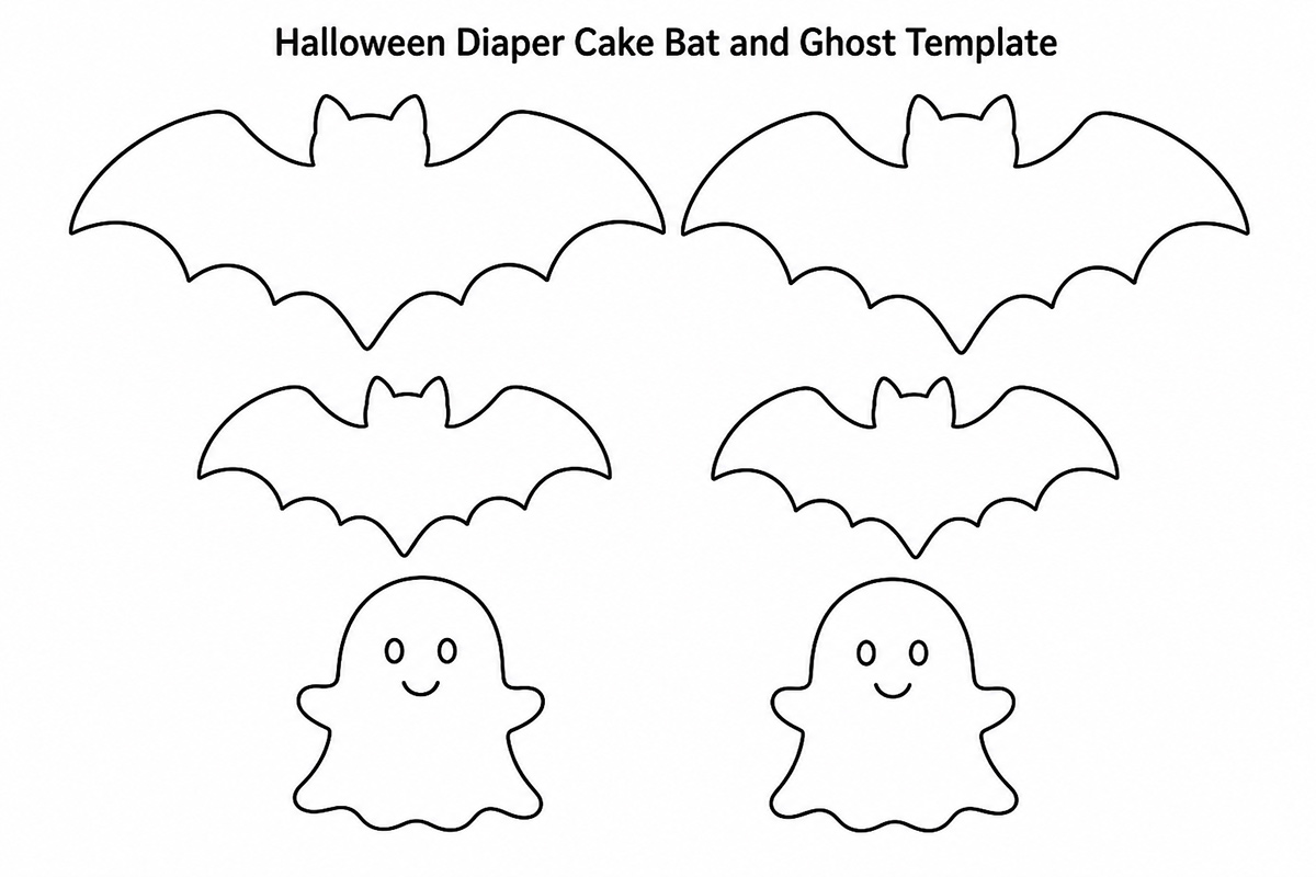Printable black and white Halloween diaper cake template with four bat outlines and two friendly ghost outlines