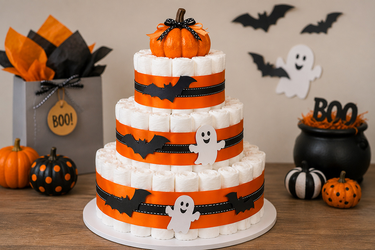 Finished three-tier Halloween diaper cake with orange ribbon, cute Halloween decorations and a seasonal topper