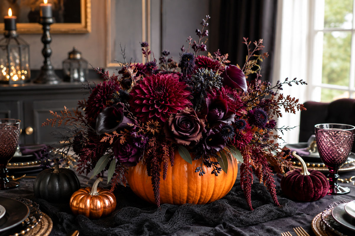 Halloween pumpkin centerpiece with deep plum and burgundy flowers, dark accents and a low arrangement for a party table